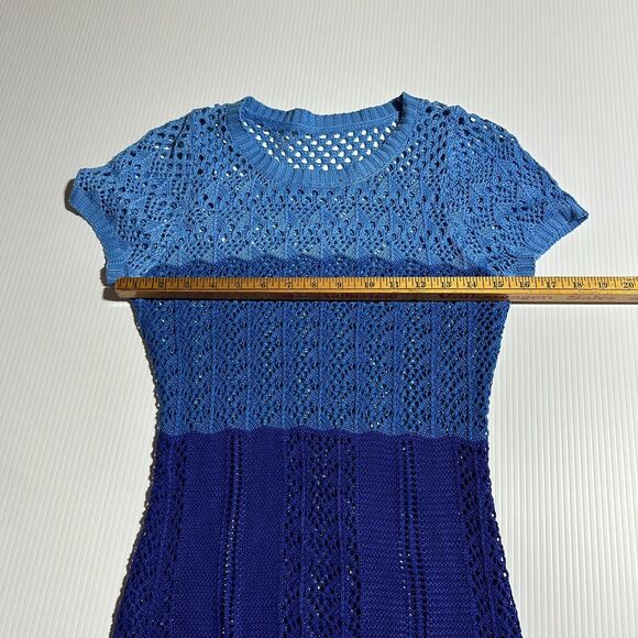Knit Mix Crochet Open Knit See Thru Maxi Dress Size L Blue Stripe Beach Festival - Picture 11 of 14
